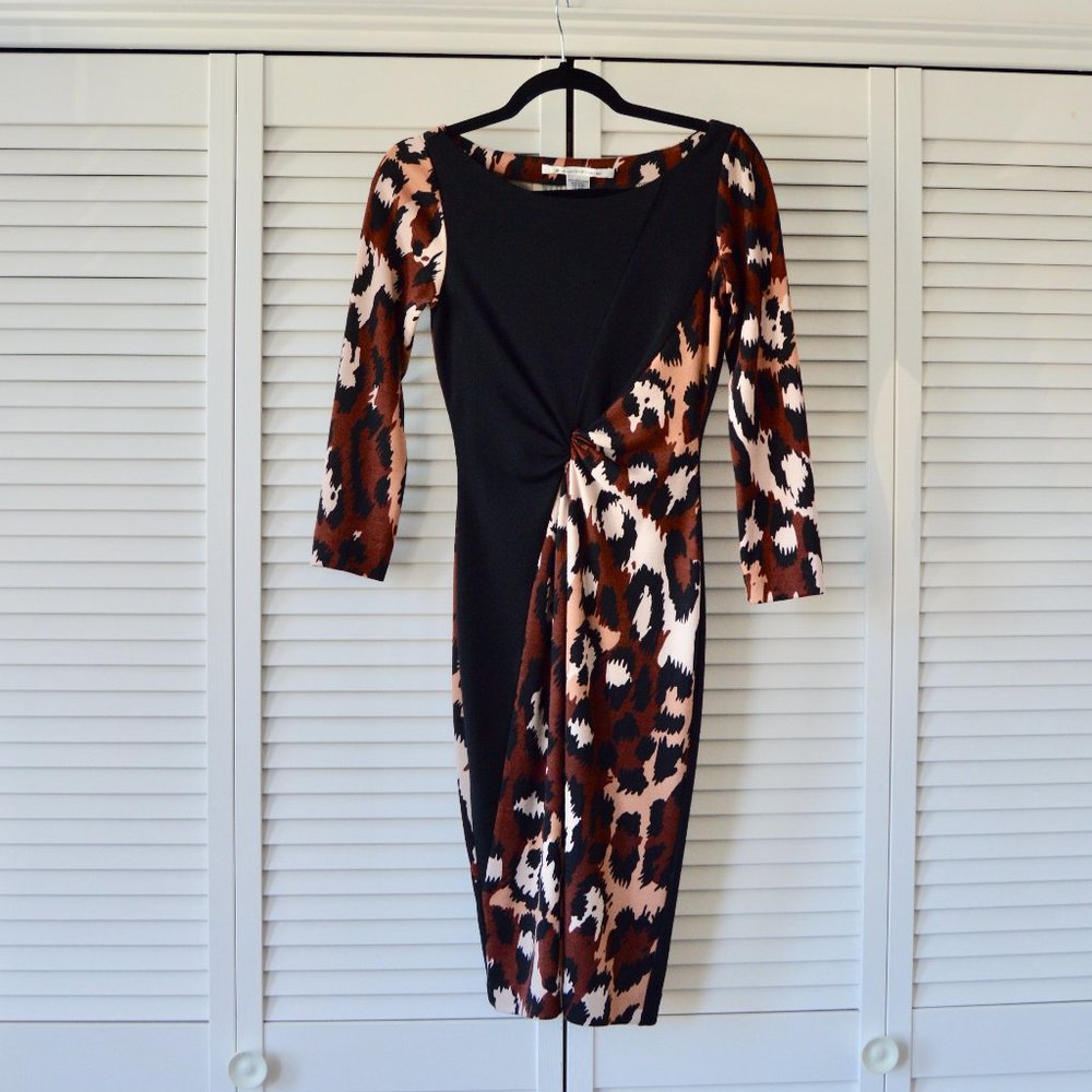 100% Wool Long Sleeve Animal Print Twist Front Dress - Black & Brown
